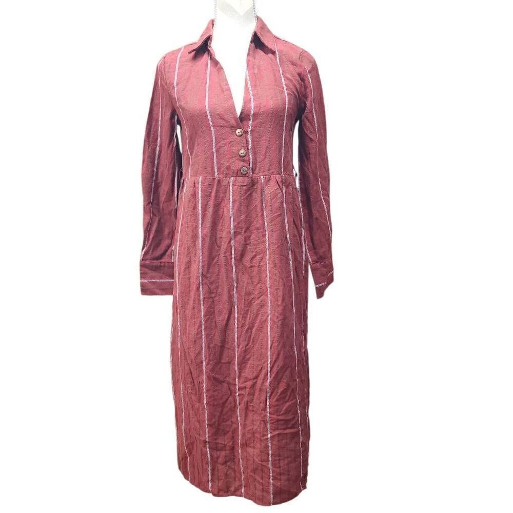 Loveriche Women's Size Small NWT Striped Long Sleeve Midi Dress Collard V Neck T